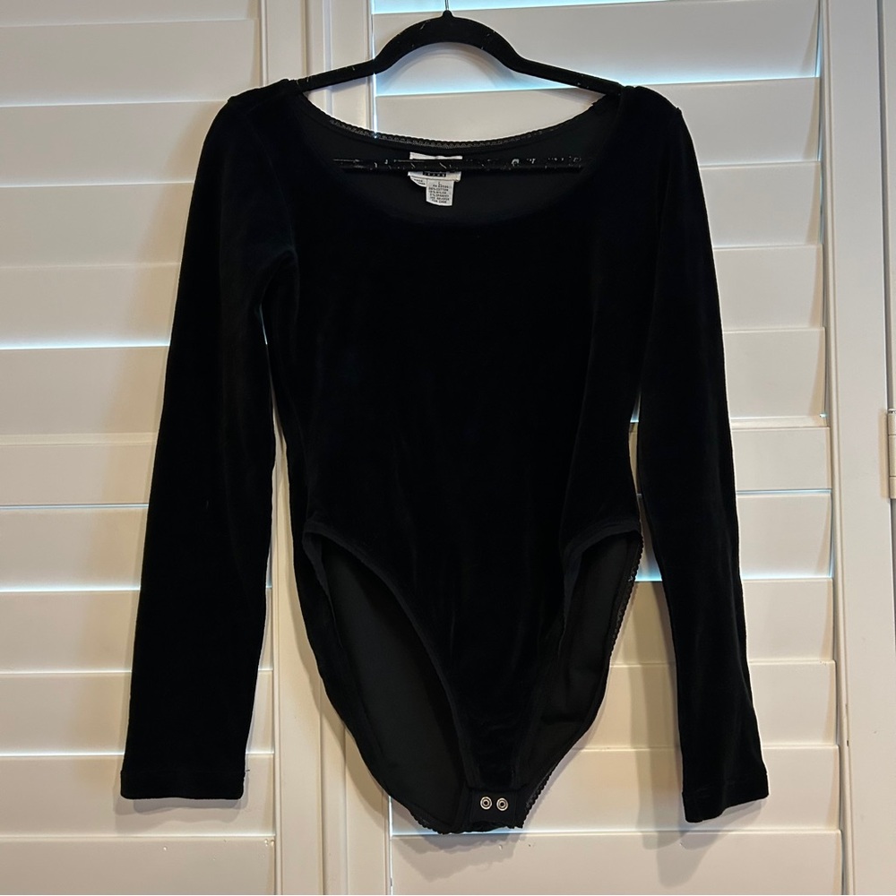 DKNY Vintage 90s Velour Bodysuit Black Velvet Size Large